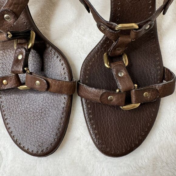 Celine Paris Shoes Sandals Heels Brown Leather T Strap 36.5 Gold Harness Detail - Picture 4 of 8